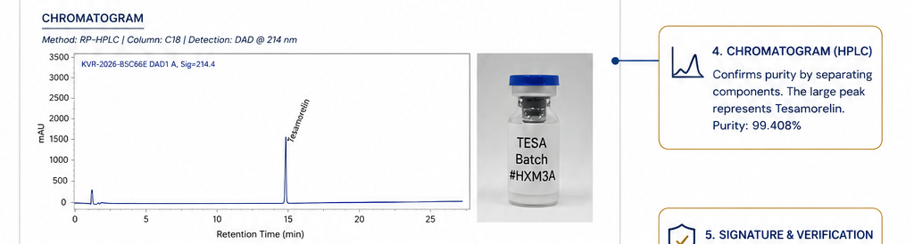 Chromatogram section of the COA showing an RP-HPLC trace with a single dominant Tesamorelin peak confirming 99.408% purity.