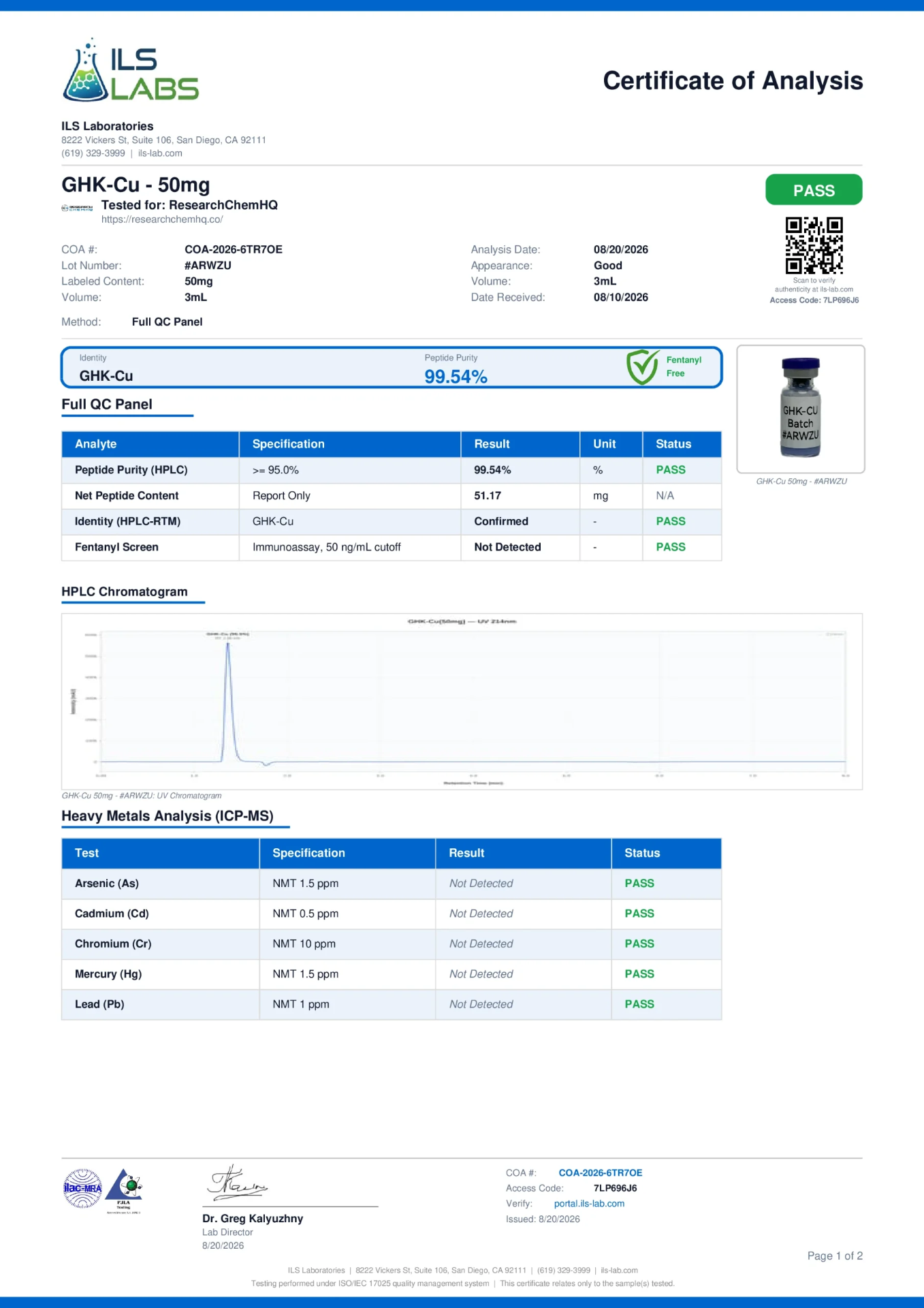 Full Certificate of Analysis for GHK-Cu 50mg batch #ARWZU issued by ILS Laboratories.