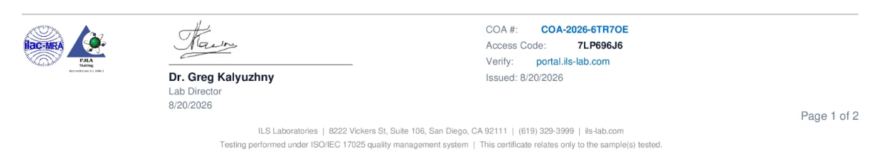 COA footer with accreditation marks, the lab director's signature, certificate number, access code and verification link.